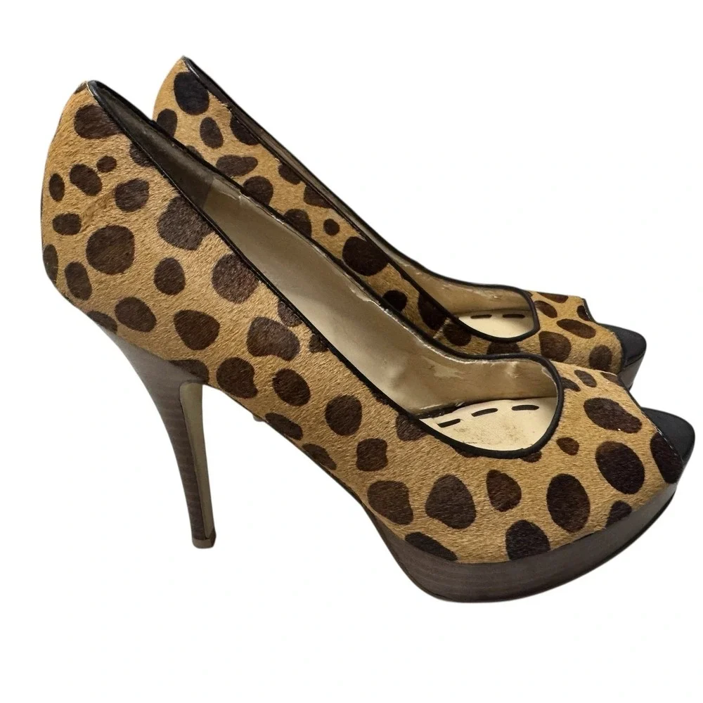 Enzo Angiolini Leopard Calf Hair Platform Peep Toe Heels Brown Tan Size‎ 6M